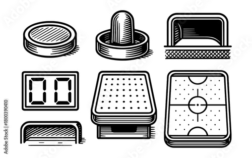 Retro style air hockey equipment and game elements in black and white design