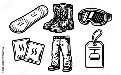 Essential winter sports gear featuring snowboard, boots, goggles, and warm accessories in classic black and white style