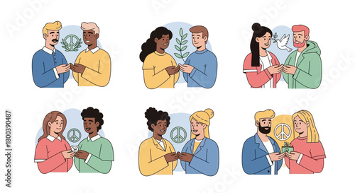 Vector Icons Set of Diverse Couples Exchanging Gifts and Showing Affection in Various Settings. EPS Editable