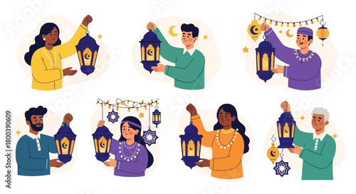 Vector Icons Set of Diverse Group of People Celebrating Ramadan with Lanterns and Decorations. EPS Editable