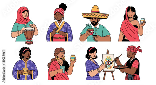 Vector Icons Set of Diverse Group of People Celebrating Cultural Diversity and Traditions. EPS Editable