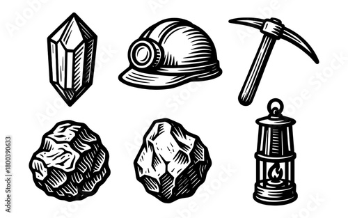 Vintage mining tools and crystals set: retro helmet, pickaxe, and lantern design