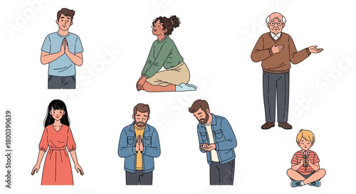 Vector Icons Set of Diverse Group of People Demonstrating Various Gestures of Respect and Gratitude. EPS Editable