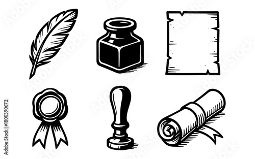 Vintage writing and sealing tools in black and white style