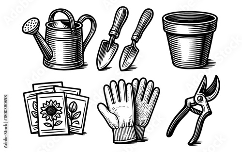 Vintage gardening tools: retro hand-drawn collection with gloves, pots, and more