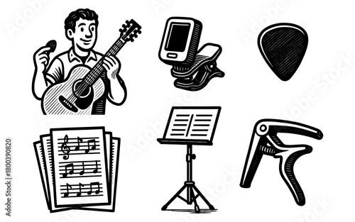 Music accessories collection: guitar, tuner, music stand, capo, and more in black and white