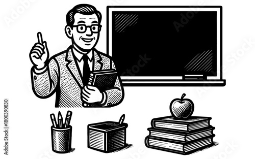 Retro teacher with blackboard and school supplies illustration