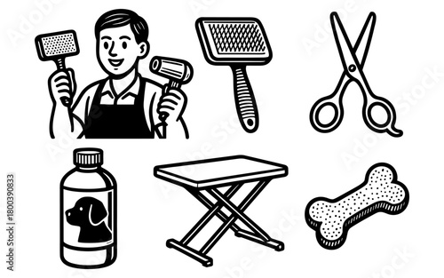 Pet grooming tools and accessories with linear design for dog care professionals