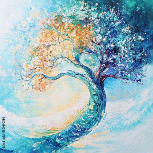 Stylized tree artwork blending two distinct palettes representing different environments. Conceptual illustration of natural balance and ecology.