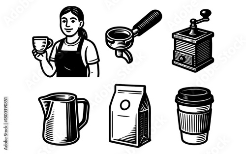 Retro coffee icons with barista and brewing equipment in black and white
