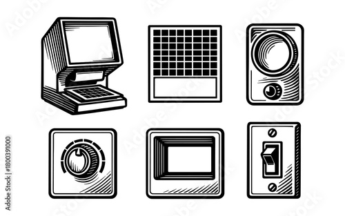 Retro electronic devices set with vintage engraved style illustrations