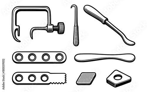 Black and white set of vintage hand tools for carpenters and machinists