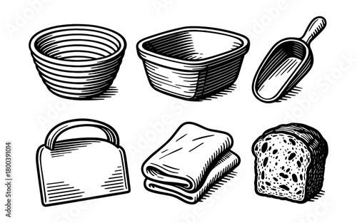 Hand drawn vintage kitchenware: bowls, wooden scoop, cutting board, towel, bread slice