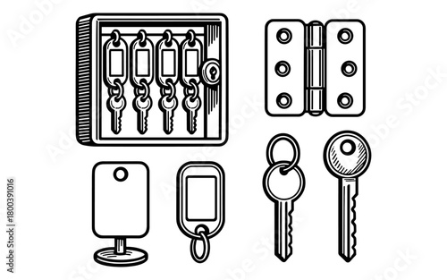 Hand drawn set of keys and accessories with vintage elements