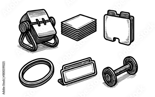 Retro hand drawn office supplies and fitness equipment collection