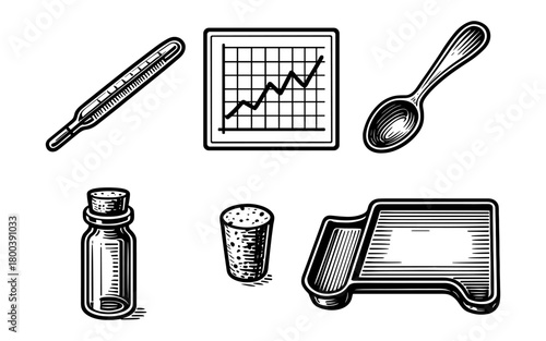 Vintage medical set with thermometer, chart, medicine spoon, vial, and cork stopper