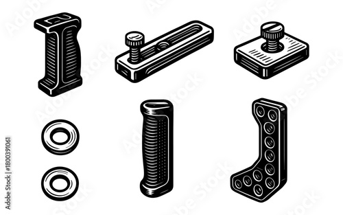 Engraved camera accessories collection: handles, mounts, and rings in retro style