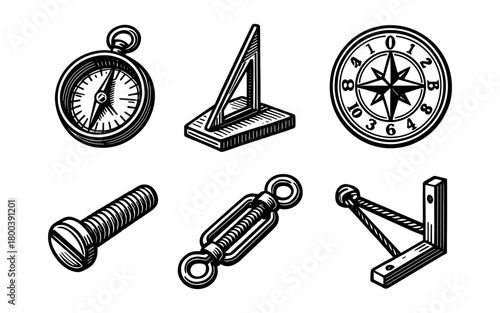 Vintage nautical and mechanical tools in hand-drawn style