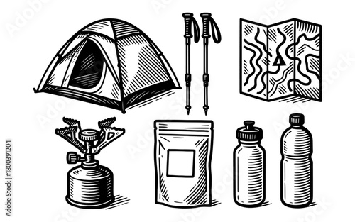 Camping gear icons: tent, map, stove, bottles, trekking pole in linear style