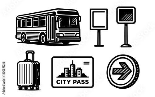 Urban transportation icons: bus, signs, luggage, city pass, and arrow in retro style