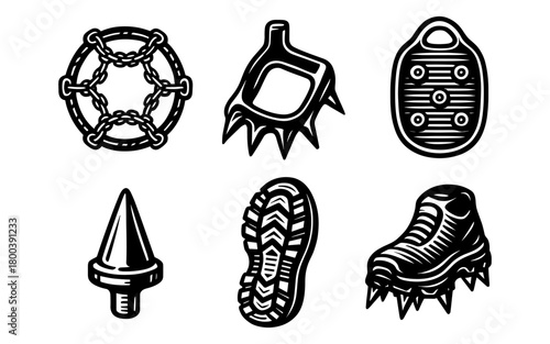 Winter gear icons: crampons, ice axe, spike, boot, and rope illustrations