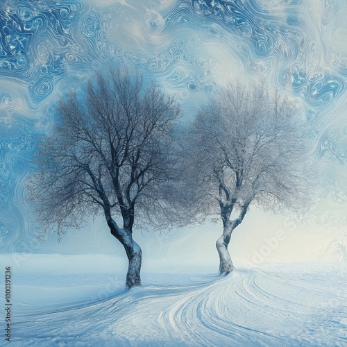 Digital painting of two trees on a snow-covered hill under a textured blue and white sky. Calmness and isolation