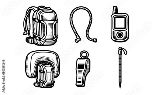 Hand drawn adventure gear: backpack, rope, radio, avalanche probe, helmet, and whistle