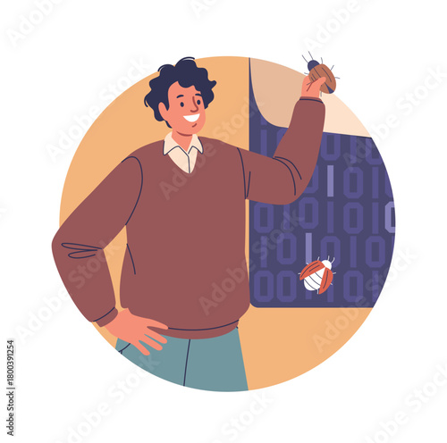 Man programmer fixing bug successfully