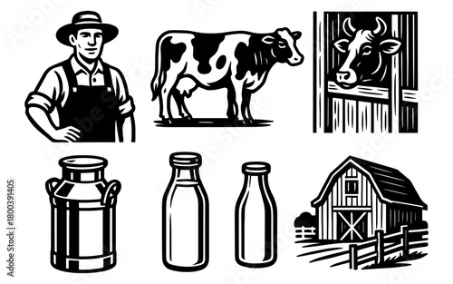 Vintage farm design with farmer, cow, milk bottles, and barn