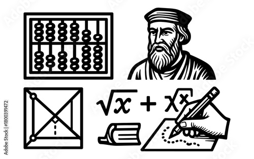 Retro math icons: abacus, scholar, geometry, and algebra in vintage style