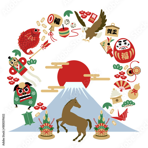Japanese New Year Lucky Motif Frame (Mount Fuji, Horse, Kadomatsu) 2026 – Color / お正月・富士山・馬・門松