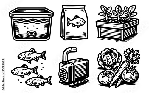 Aquaponics set: vintage gardening and fish farming elements with woodcut style