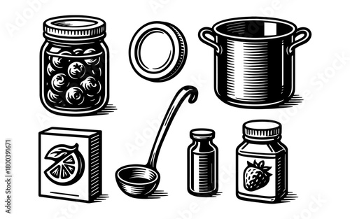 Retro cooking elements: jars, utensils, and ingredients in vintage ink style