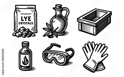 Monochrome ingredients and safety gear for soap making: gloves, goggles, and oils