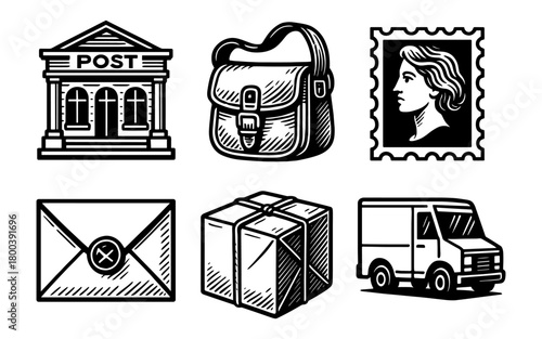 Retro postal service set: icons of a post office, mail truck, parcel, stamp, satchel, envelope