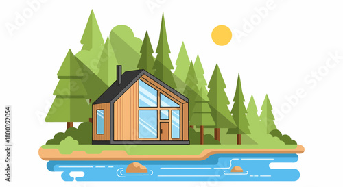 Cabin In The Woods Serene Nature Escape Vector Illustration