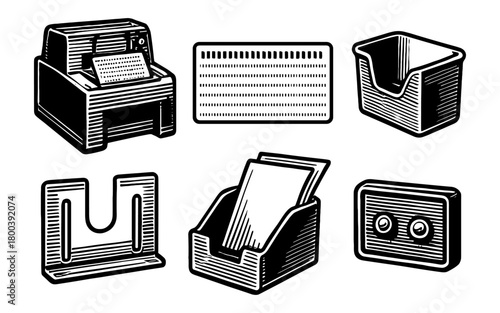 Retro office equipment: dot matrix printer, floppy disks, card organizer