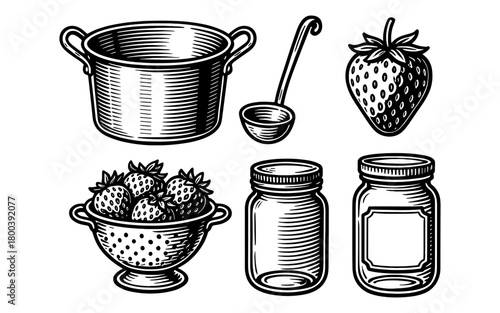 Vintage kitchen elements: strawberry, pot, jars, and ladle in retro style