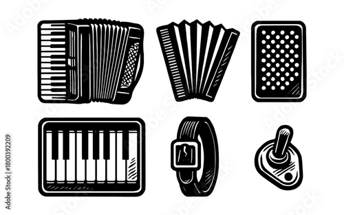 Vintage musical instruments and technology icons set