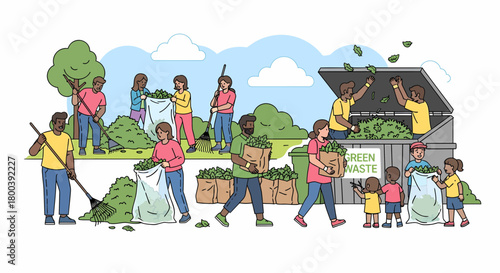 Community Volunteers Cleaning Park During Autumn Leaf Collection Time