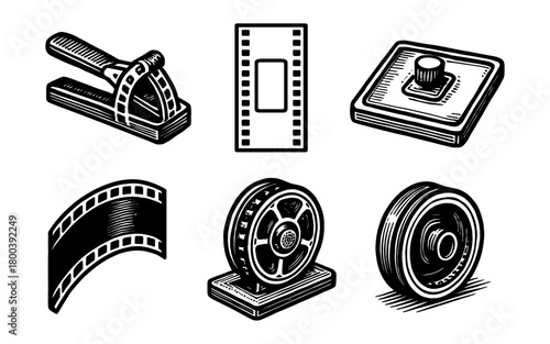 Retro cinema and film elements set in black and white woodcut style