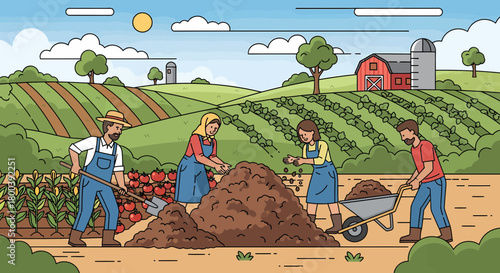 Cooperative Farming Illustrating A Community Harvest In Rural Setting
