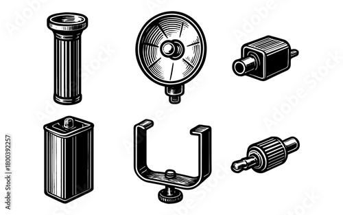 Vintage monochrome camera equipment icons set for photography enthusiasts