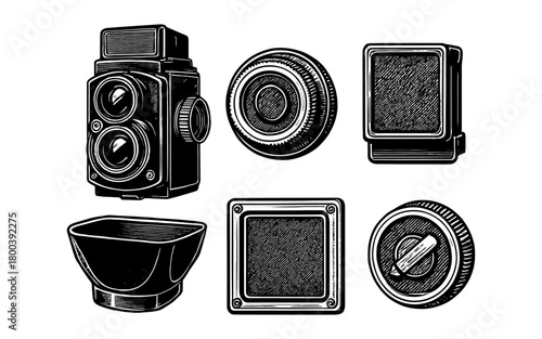 Vintage camera components in retro engraving style with detailed texture patterns