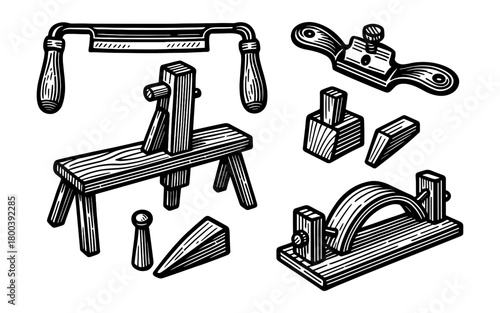 Vintage woodworking tools set in black and white engraving style
