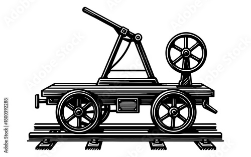 Retro train handcar on rails with detailed black and white design