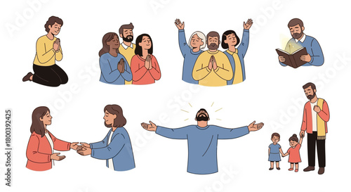 Vector Icons Set of Diverse Group of People Engaged in Religious and Community Activities. EPS Editable
