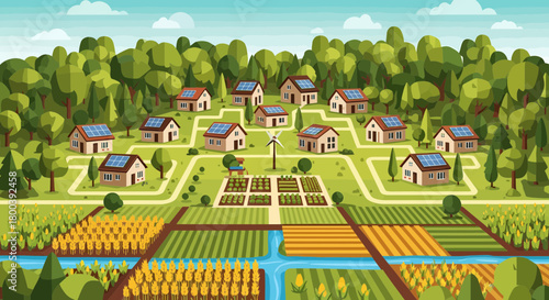 Eco Friendly Community With Solar Panels And Wind Turbine