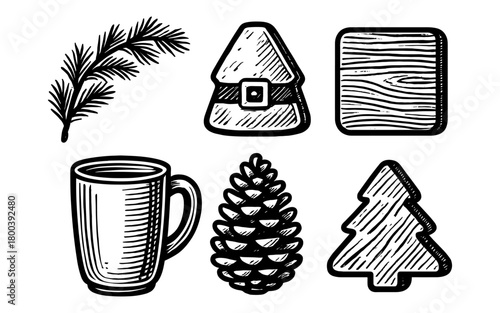Wallpaper Mural Hand drawn christmas elements with pine tree, mug, and santa hat Torontodigital.ca