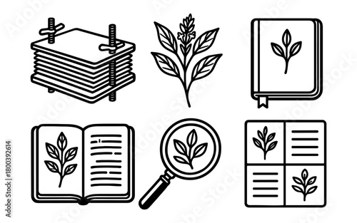 Botanical design elements: line art icons of books, magnifying glass, and flowers